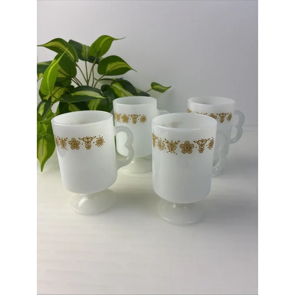 Pedestal Irish Coffee Mugs Butterfly Gold Vintage 70s Pyrex Cups Milk Glass 4pc